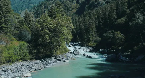 Parvati River flowing through the Parvati valley surrounded by temperate fore Stock Footage 164701889