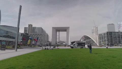 The Parvis de la Défense is a square in Puteaux, Grande Arche Paris, France Stock Footage 275867494