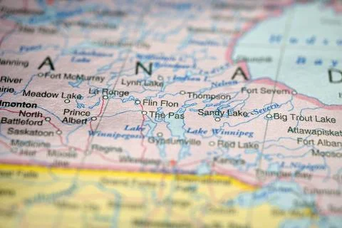 The Pas Manitoba Canada Close Up Macro World Map Bokeh Background Geographi.. Stock Photos