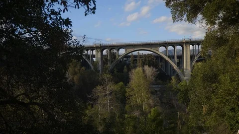 Pasadena Colorado Street Bridge with Trees and Traffic, Wide 1 Stock Footage