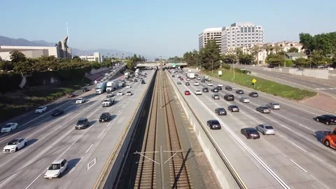 Pasadena Freeway 134 Aerial Drone Traffic Cars Driving Pasadena California USA Stock Footage 157243601