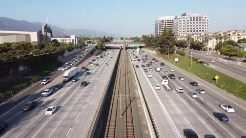 Pasadena Freeway 134 Aerial Drone Traffic Cars Driving Pasadena California USA Stock Footage 157244723