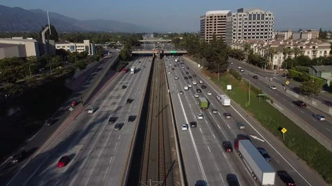 Pasadena Freeway 134 Aerial Drone Traffic Cars Driving Pasadena California USA Stock Footage 157249803