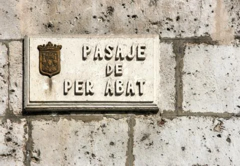 Pasaje de Per Abat - street name in Burgos, Castilla, Spain Stock Photos