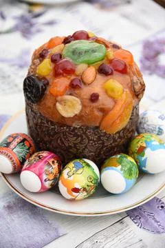 Pasca, Easter cake with painted eggs Stock Photos