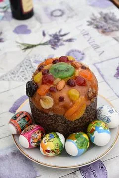 Pasca, Easter cake with painted eggs Stock Photos
