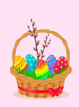 Paschal Wicker Basket With Easter Eggs Vector Stock Illustration