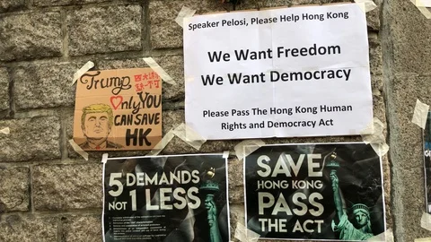Pass the act, 5 Demands not 1 less posters. On the wall of US consulate HK Stock Footage 115706901