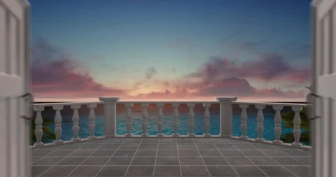 Pass through the door to the sun terrace in tropical paradise overlooking the Video stock 111410815