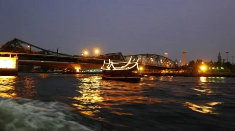 Pass under Memorial Bridge night beautiful river view from running express boat Stock Footage 55269262