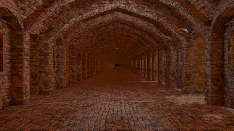The passage of the camera through the brick corridor of a medieval fortress with Stock Footage 245911665