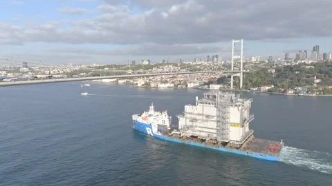 Passage of a Large Blue Cargo Ship Through the Bosphorus 2 Stock Footage 252915693