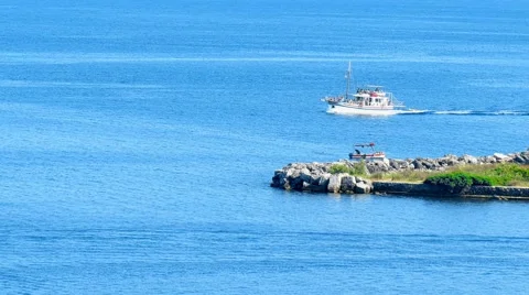 Passanger motor boat ship salling water 4k video. Yacht blue sea ocean Stock Footage 66614756