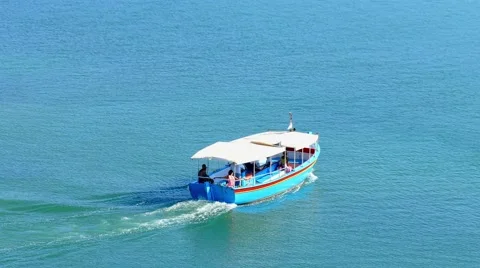 Passanger motor boat ship salling water 4k video. Yacht blue sea ocean Stock Footage 66615174