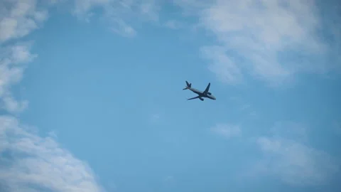 Passanger Plane Flying Blue Sky Small Clouds Daytime Tracking Stock Footage 145830188