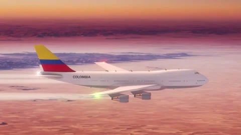 Passanger Plane Flying over Desert with Country Flag Colombia Stock Footage 286333504