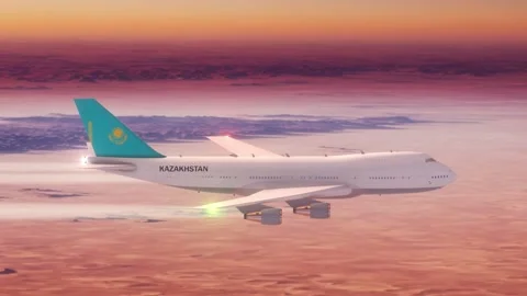 Passanger Plane Flying over Desert with Country Flag Kazakhstan Stock Footage 286333969