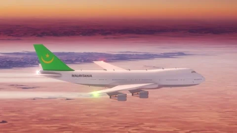 Passanger Plane Flying over Desert with Country Flag Mauritania Stock Footage 286334060