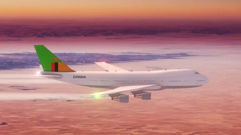 Passanger Plane Flying over Desert with Country Flag Zambia Stock Footage 286334431