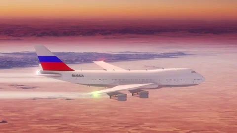 Passanger Plane Flying over Desert with Country Flag Russia Stock Footage 286334765