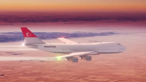 Passanger Plane Flying over Desert with Country Flag Singapore Stock Footage 286334804