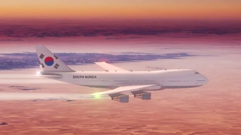 Passanger Plane Flying over Desert with Country Flag South Korea Stock Footage 286334833