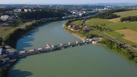 Passau-Ingling hydropower plant on the river Inn with Passau in the background Video stock 341526254