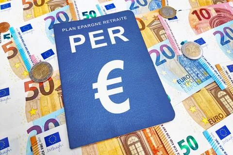 PER passbook atop of a stack of Euros Foto stock