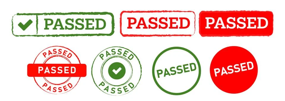 Passed rectangle circle green and red color stamp label success approved sign Stock Illustration