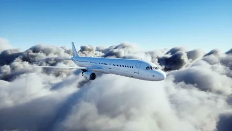 Passenger airbus flying in clouds. Plane. Realistic 4k animation. Stockbeeldmateriaal 145923681