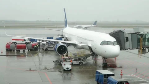 Passenger aircraft is serviced, refueled and loaded with cargo at the airport Stock Footage 235163853