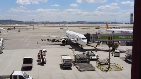 Passenger aircraft under loading in Sabiha Gokcen International Airport Stock Footage 282527650