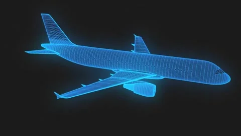 Passenger aircraft wireframe hologram rotating Stock Footage