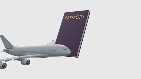 A passenger airplane model is rotating around a passport Stock Footage 316309996