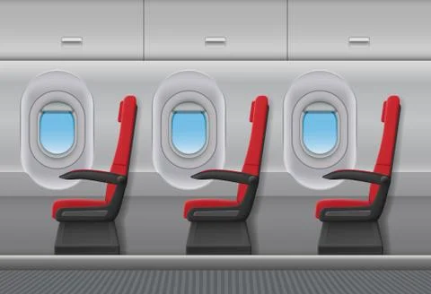 Passenger airplane red vector interior. Aircraft indoor cabin with portholes and Stock Illustration