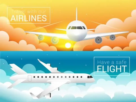 Passenger airplane at sunset sky clouds,,safe flight across the sky Stock Illustration