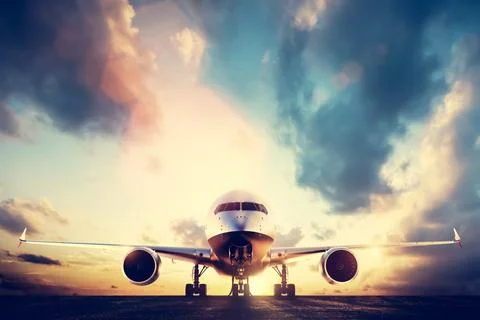 Passenger airplane taking off on runway at sunset Stock Illustration