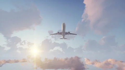 Passenger airplane taking off at sunset sky 4K animation Stock Footage 64918922