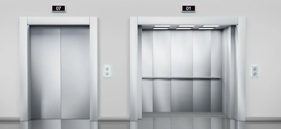 Passenger and cargo elevators with closed and open silver doors in hallway イラスト素材