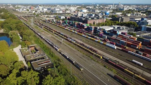 Passenger and Freight Trains Passing at Frankfurt Ostbahnhof Stock Footage 346784634