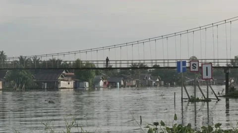 Passenger boat passing through under hanging bridge Stock Footage 135956246