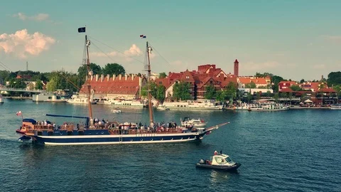 Passenger boats floating on the lake Stock Footage 124324853