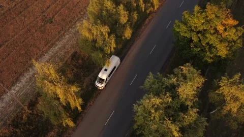 Passenger bus stands on the side of the road. drone statically shoots Stock Footage 174060188