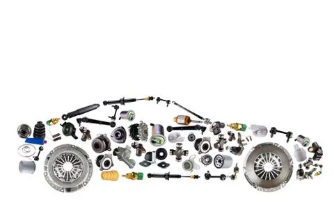 Passenger car assembled from new spare auto parts for shop aftermarket. Stock Photos