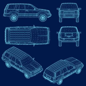 Passenger car wireframe set. Retro auto vehicle, automobile of different views. Stock Illustration