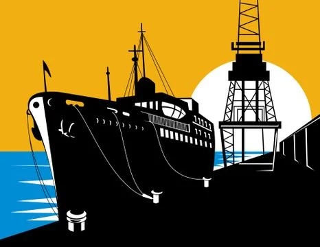 Passenger cargo ship docking Stock Illustration