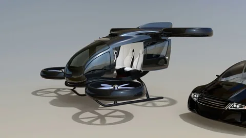 Passenger drone taking off from a self-driving car Stock Footage 81311004