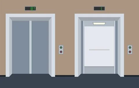 Passenger elevator, hall interior with open and closed passenger elevator. Illustrazione stock