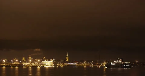 Passenger Ferry Arriving at Night Stock Footage 49696896