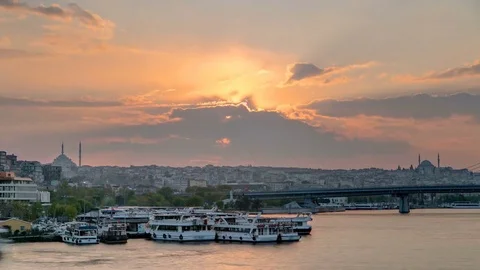 Passenger Ferry in the Bosphorus at sunset timelapse, Istanbul skyline, Turkey Stock Footage